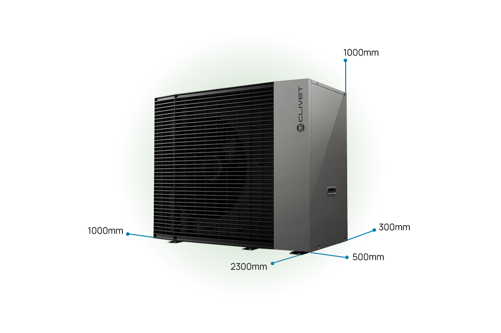 Distances à respecter Côté gauche : 500 millimètres Côté droit : 1000 millimètres À l'avant : 2300 millimètres À l'arrière : 300 millimètres Au-dessus : 1000 millimètre